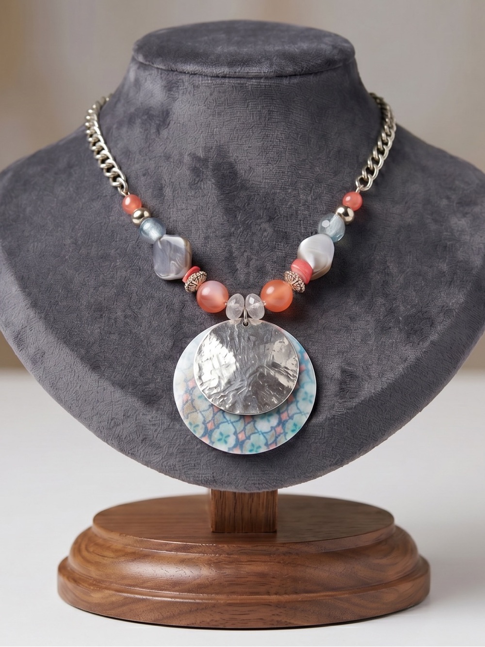 Ruby Rd. Coral and Hammered Silver Layered Pendant Adjustable Statement Necklace